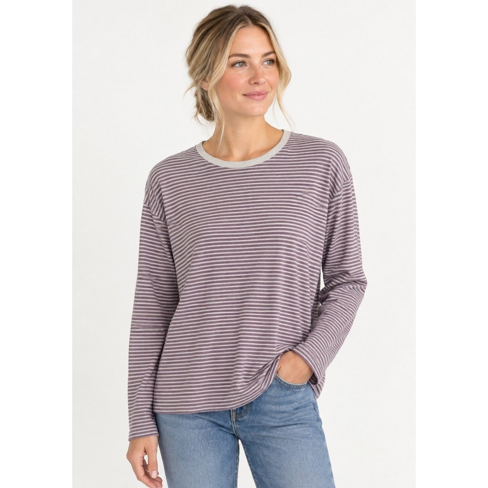 L.L.Bean Shirt Women XL Purple Tan Striped Ribbed Long Sleeve Tee Layering
